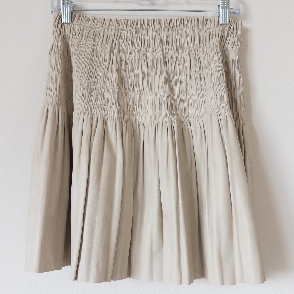 7 For All Mankind Faux Leather Smocked High Waist Mini Skirt in Cream, Size S
